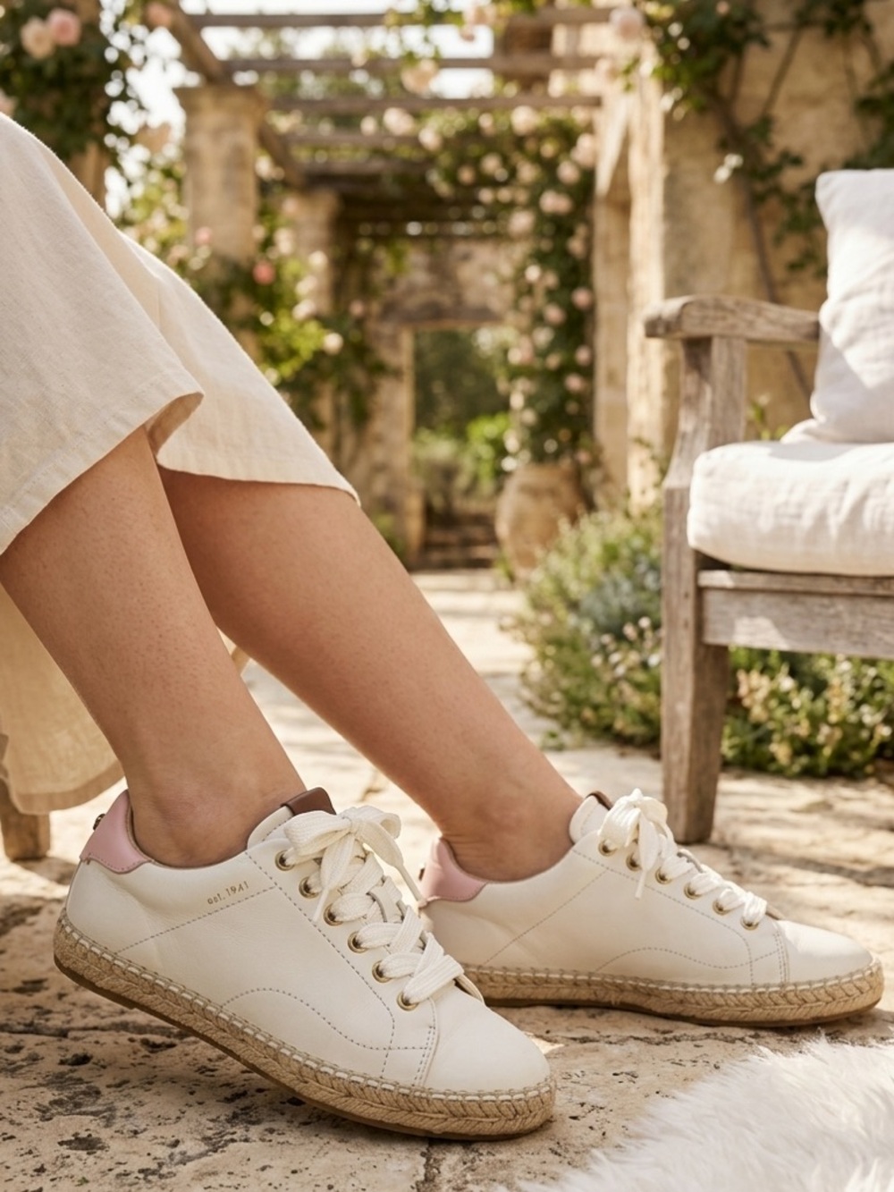 Coach C101 Espadrille Sneakers Womens Sz 8 White Pink Leather Comfort Casual